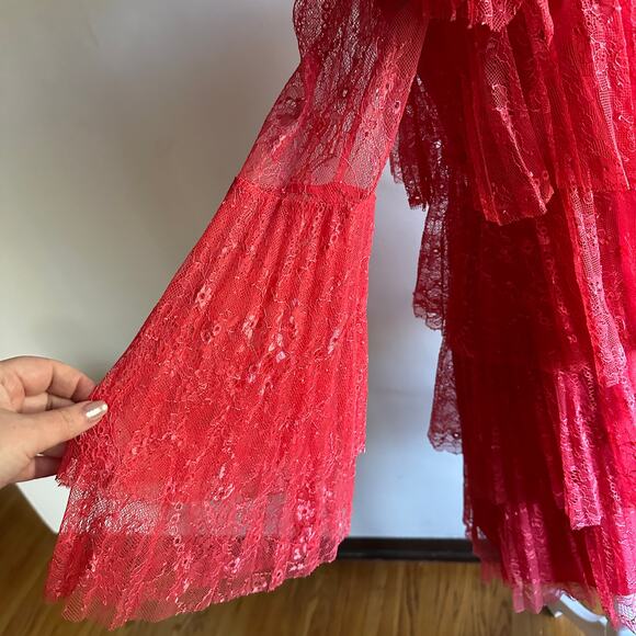 BADGLEY MISCHKA | Pink Red Tiered Pleated Lace Bell Sleeve Dress | Size 2 - Picture 6 of 8